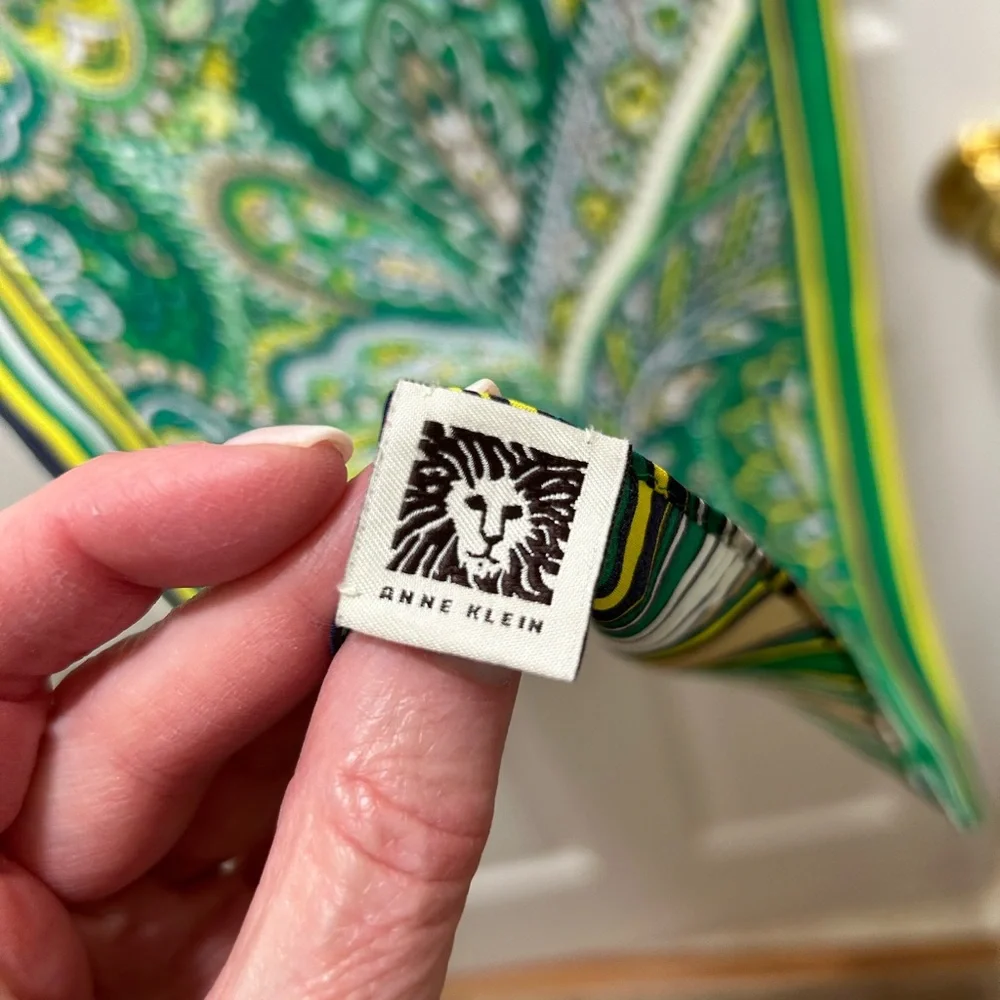 Anne Klein Green and Yellow Paisley Scarf 100% Silk - Picture 4 of 8